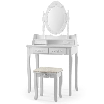 Vanity Set with 360° Rotating Mirror, LED Lights, Storage Drawers, and Cushioned Stool – White