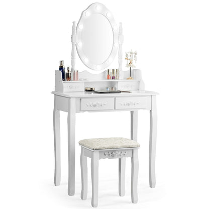 Vanity Set with 360° Rotating Mirror, LED Lights, Storage Drawers, and Cushioned Stool – White
