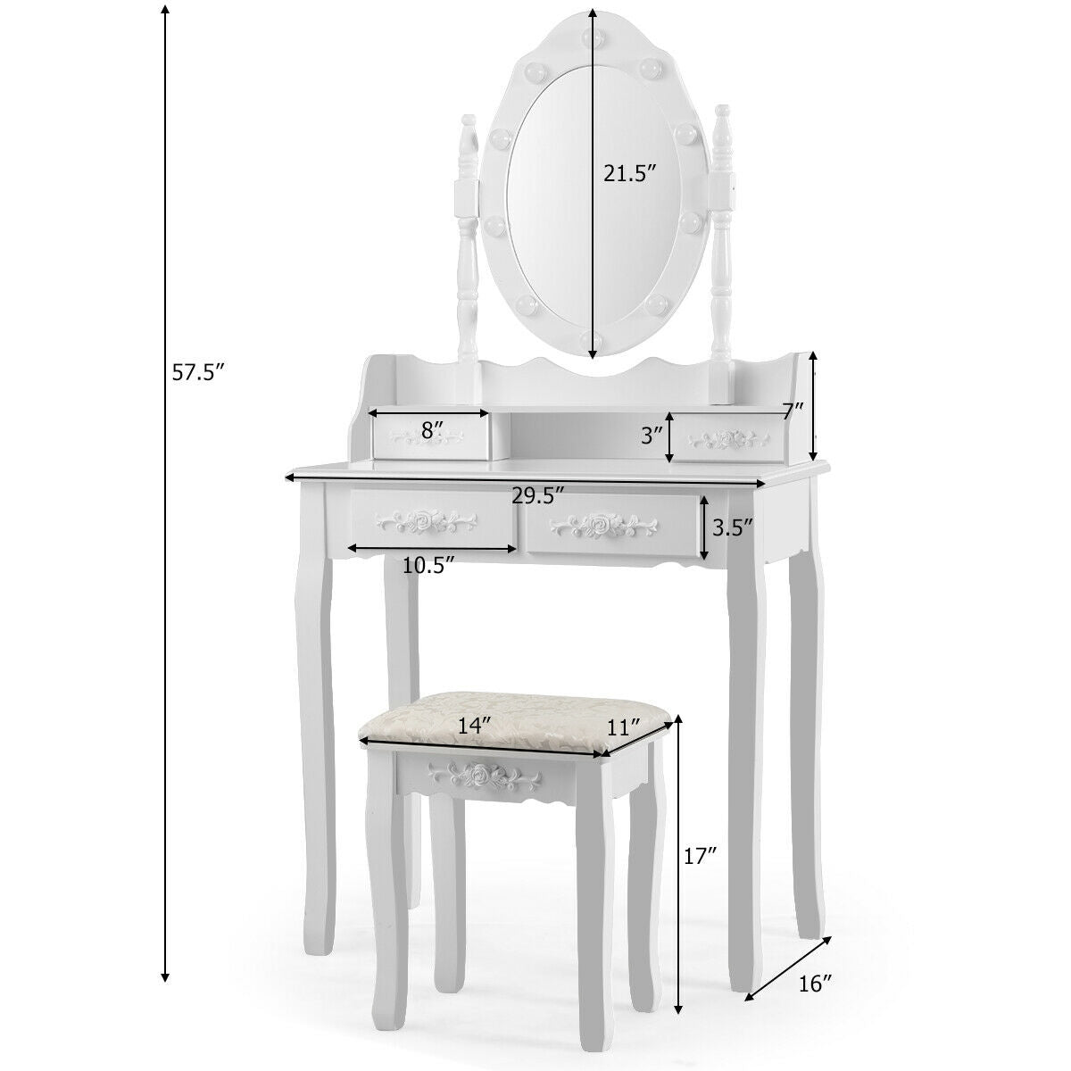 Vanity Set with 360° Rotating Mirror, LED Lights, Storage Drawers, and Cushioned Stool – White