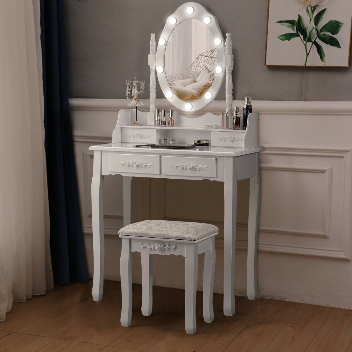 Vanity Set with 360° Rotating Mirror, LED Lights, Storage Drawers, and Cushioned Stool – White