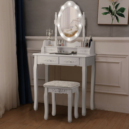 Vanity Set with 360° Rotating Mirror, LED Lights, Storage Drawers, and Cushioned Stool – White