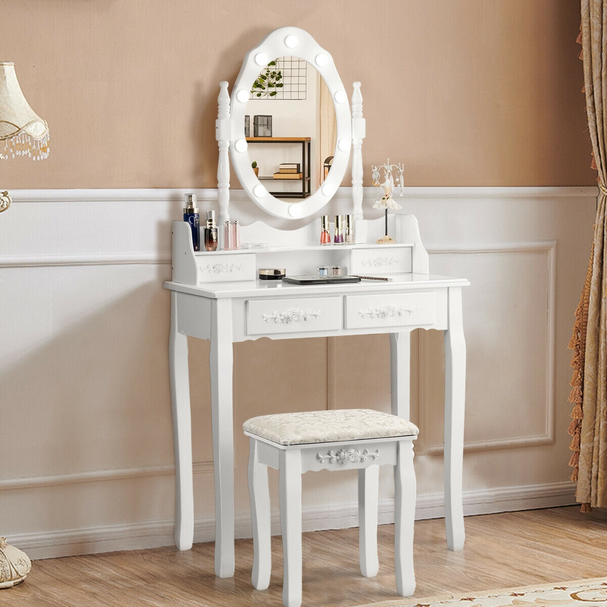 Vanity Set with 360° Rotating Mirror, LED Lights, Storage Drawers, and Cushioned Stool – White