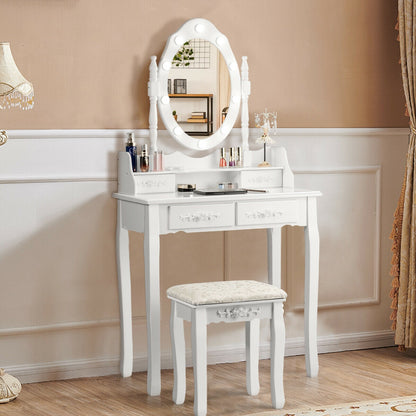 Vanity Set with 360° Rotating Mirror, LED Lights, Storage Drawers, and Cushioned Stool – White