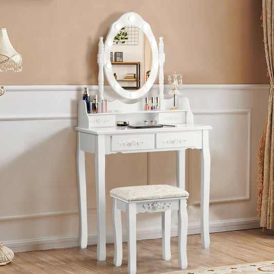 Vanity Set with 360° Rotating Mirror, LED Lights, Storage Drawers, and Cushioned Stool – White