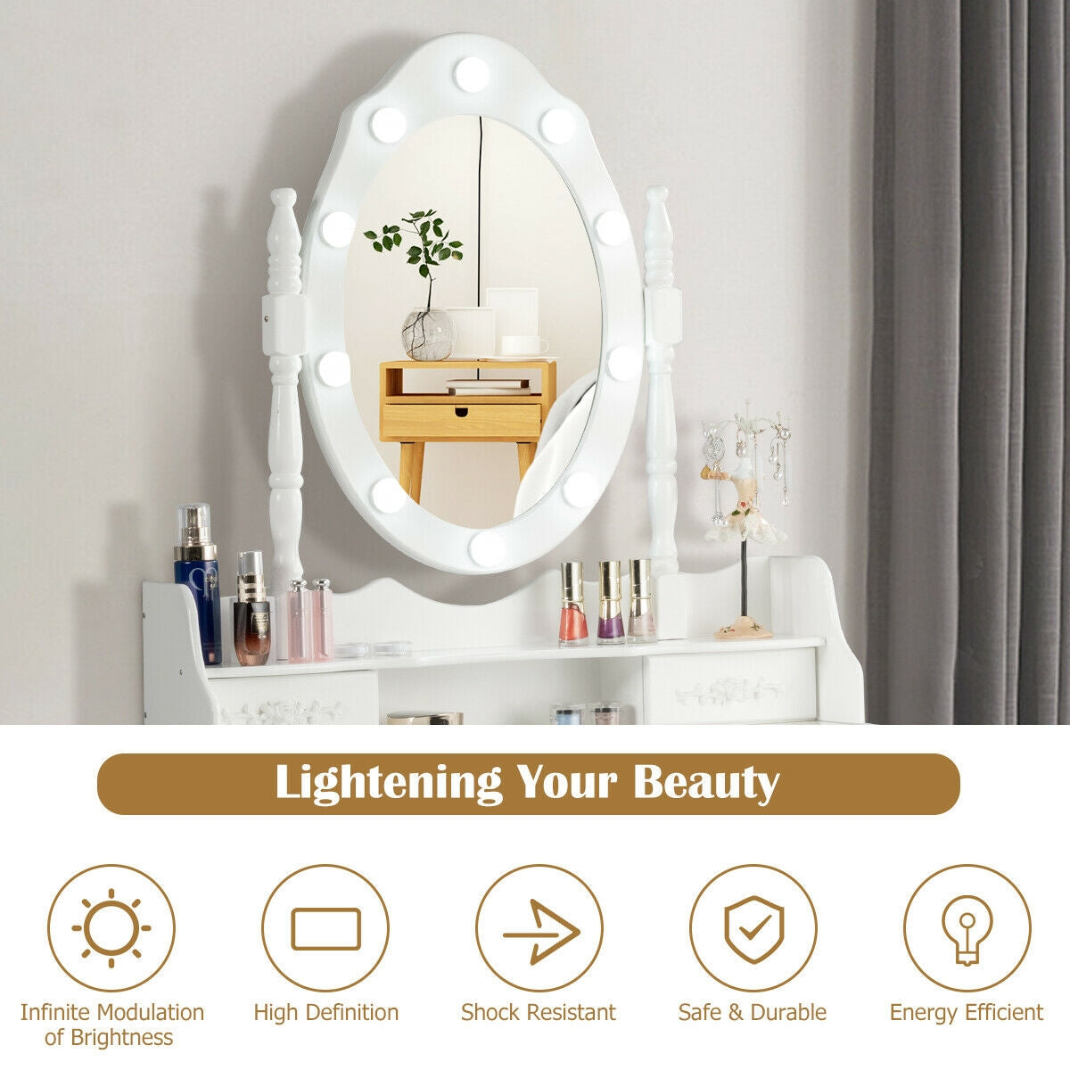 Vanity Set with 360° Rotating Mirror, LED Lights, Storage Drawers, and Cushioned Stool – White