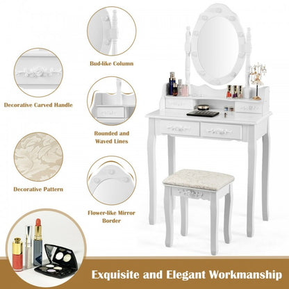 Vanity Set with 360° Rotating Mirror, LED Lights, Storage Drawers, and Cushioned Stool – White