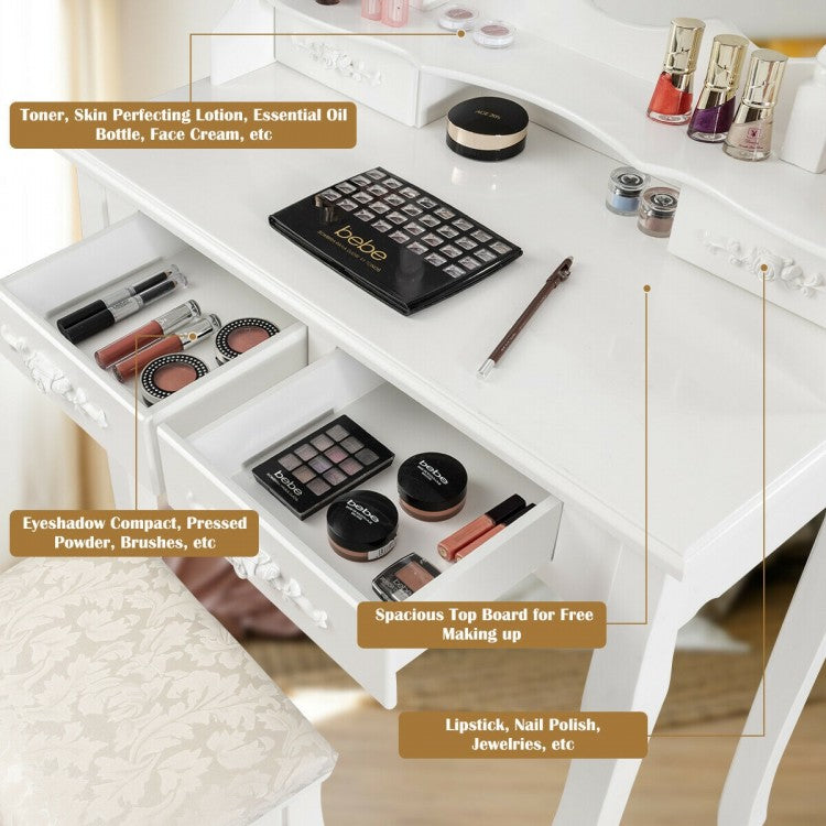 Vanity Set with 360° Rotating Mirror, LED Lights, Storage Drawers, and Cushioned Stool – White