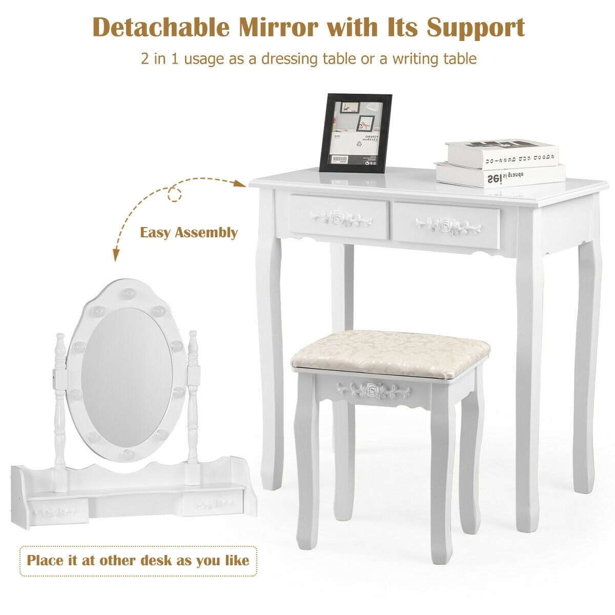 Vanity Set with 360° Rotating Mirror, LED Lights, Storage Drawers, and Cushioned Stool – White