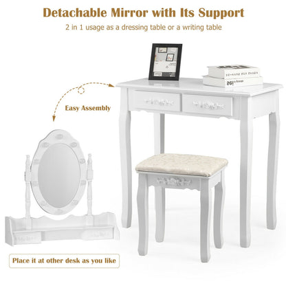 Vanity Set with 360° Rotating Mirror, LED Lights, Storage Drawers, and Cushioned Stool – White