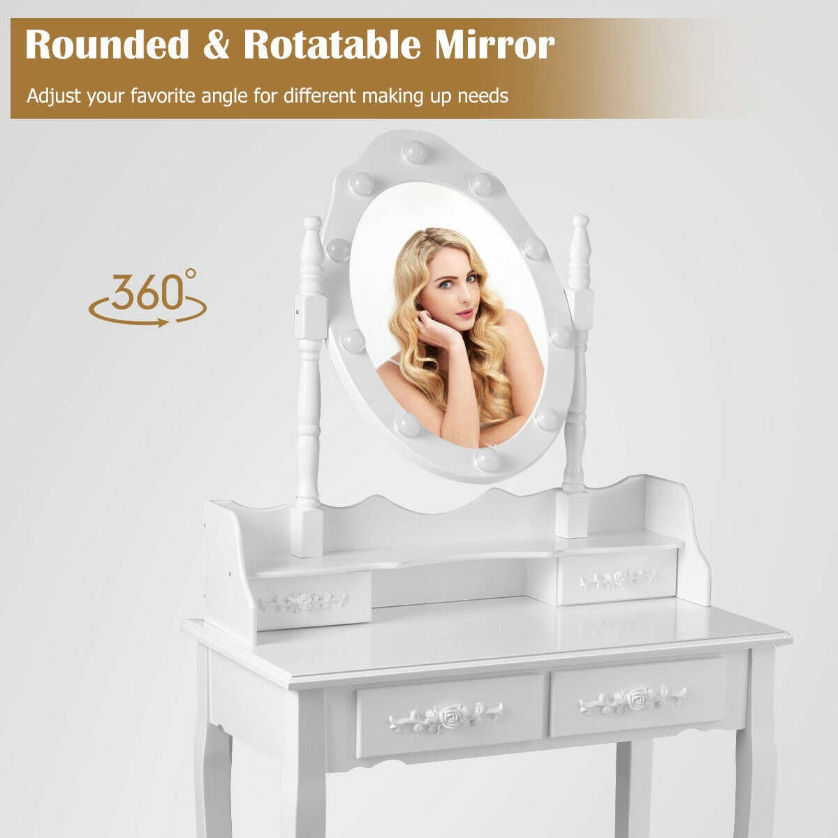 Vanity Set with 360° Rotating Mirror, LED Lights, Storage Drawers, and Cushioned Stool – White