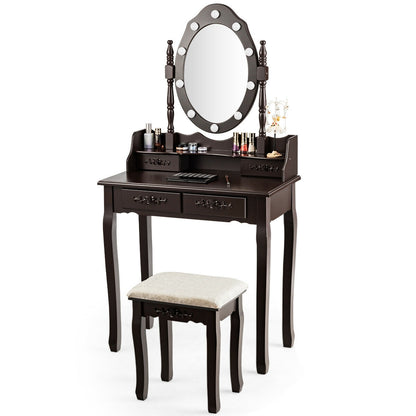 Vanity Set with 360° Rotating Mirror, LED Lights, Storage Drawers, and Cushioned Stool – Coffee