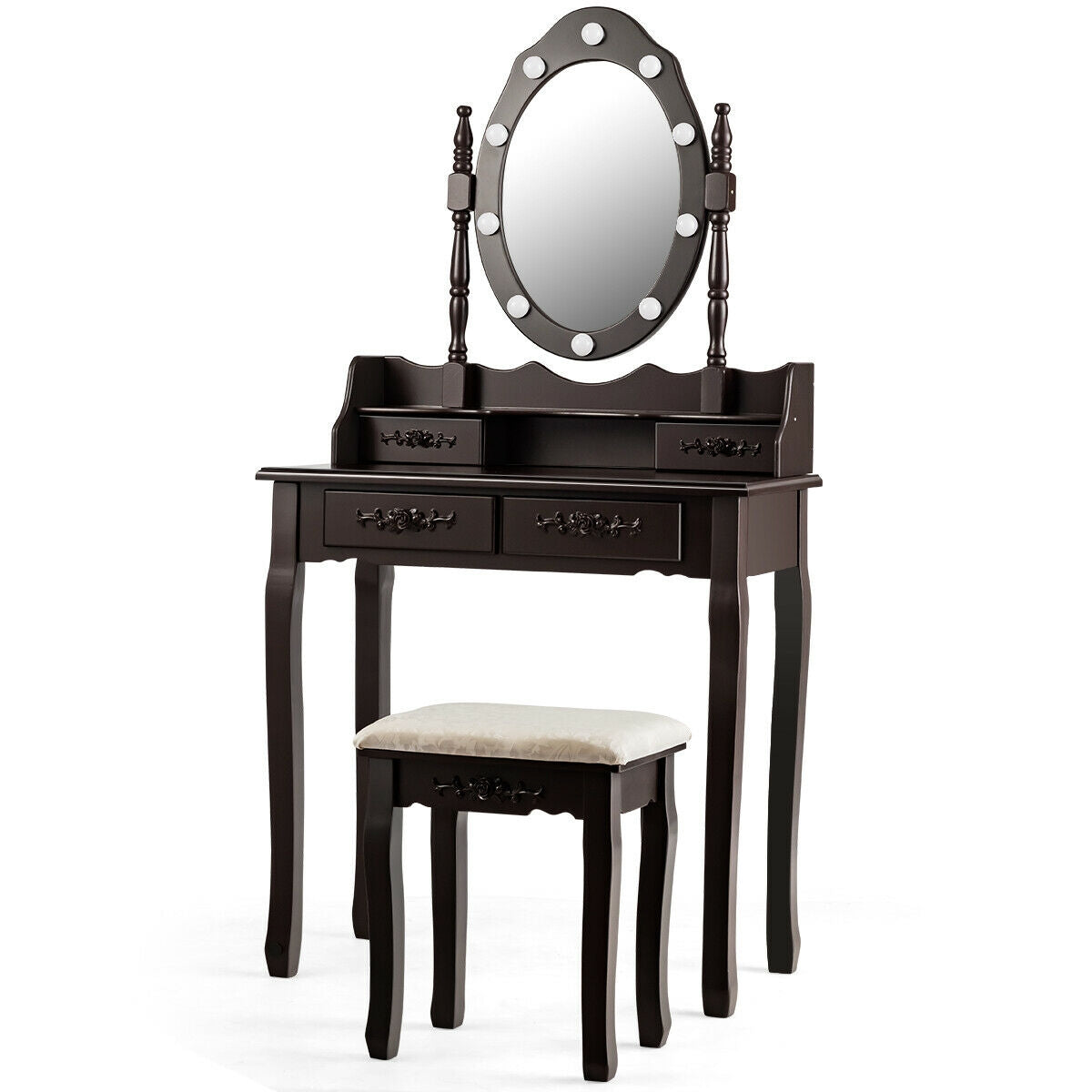 Vanity Set with 360° Rotating Mirror, LED Lights, Storage Drawers, and Cushioned Stool – Coffee