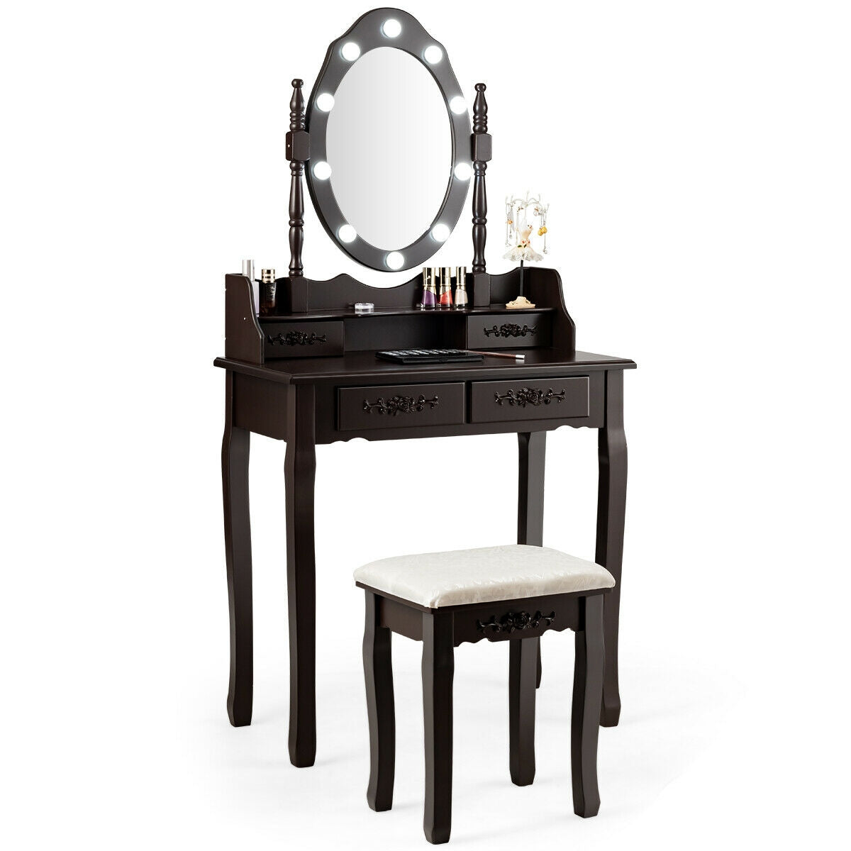 Vanity Set with 360° Rotating Mirror, LED Lights, Storage Drawers, and Cushioned Stool – Coffee
