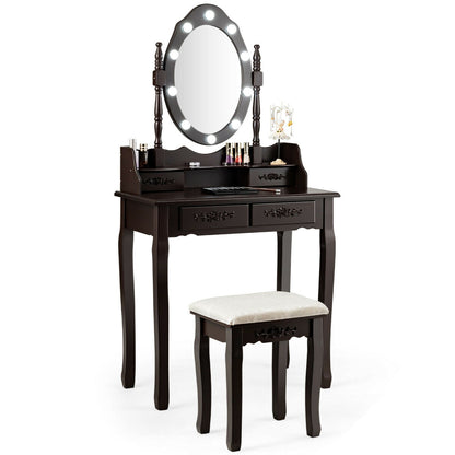 Vanity Set with 360° Rotating Mirror, LED Lights, Storage Drawers, and Cushioned Stool – Coffee