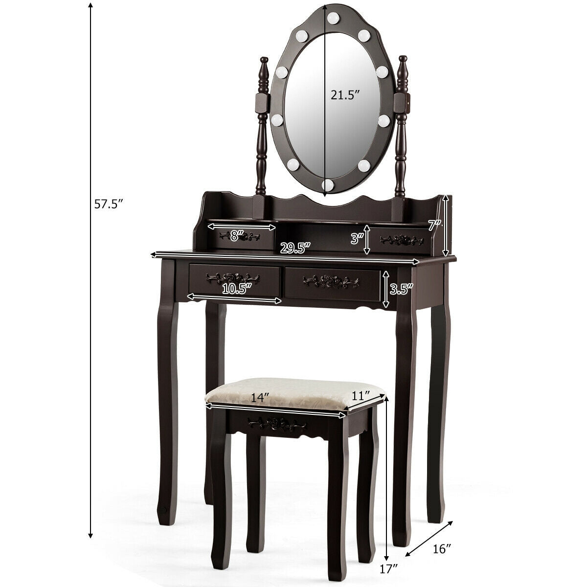 Vanity Set with 360° Rotating Mirror, LED Lights, Storage Drawers, and Cushioned Stool – Coffee