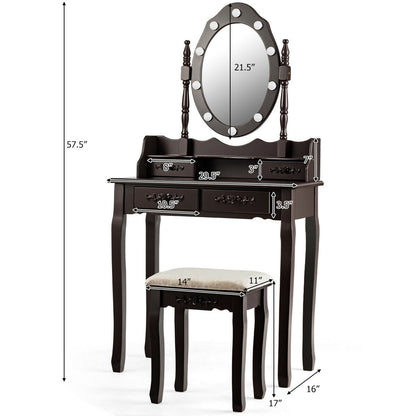 Vanity Set with 360° Rotating Mirror, LED Lights, Storage Drawers, and Cushioned Stool – Coffee