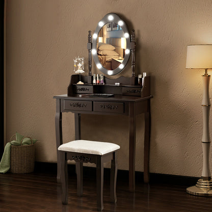 Vanity Set with 360° Rotating Mirror, LED Lights, Storage Drawers, and Cushioned Stool – Coffee