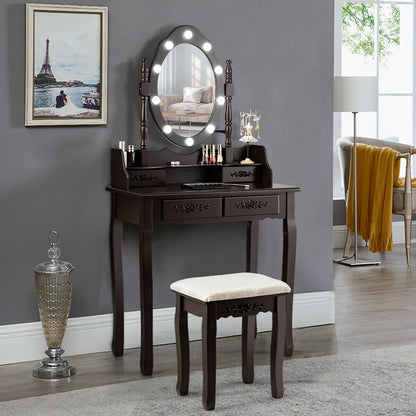 Vanity Set with 360° Rotating Mirror, LED Lights, Storage Drawers, and Cushioned Stool – Coffee