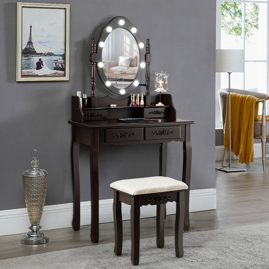 Vanity Set with 360° Rotating Mirror, LED Lights, Storage Drawers, and Cushioned Stool – Coffee