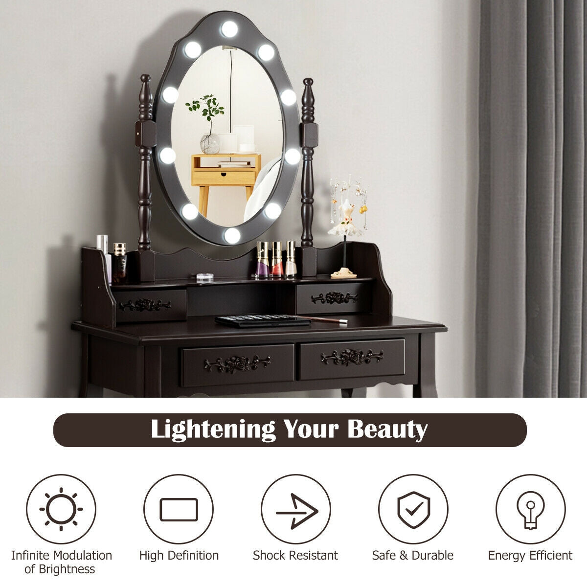 Vanity Set with 360° Rotating Mirror, LED Lights, Storage Drawers, and Cushioned Stool – Coffee