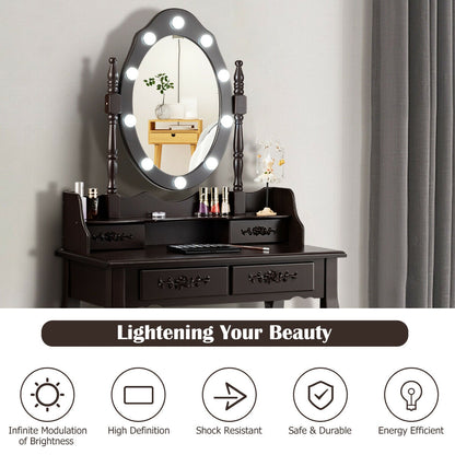 Vanity Set with 360° Rotating Mirror, LED Lights, Storage Drawers, and Cushioned Stool – Coffee
