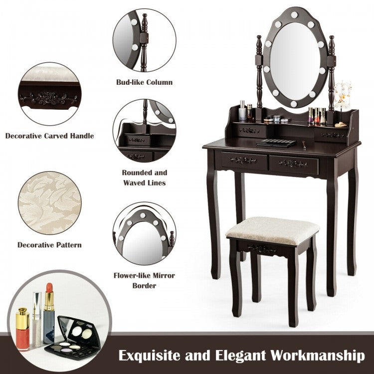 Vanity Set with 360° Rotating Mirror, LED Lights, Storage Drawers, and Cushioned Stool – Coffee
