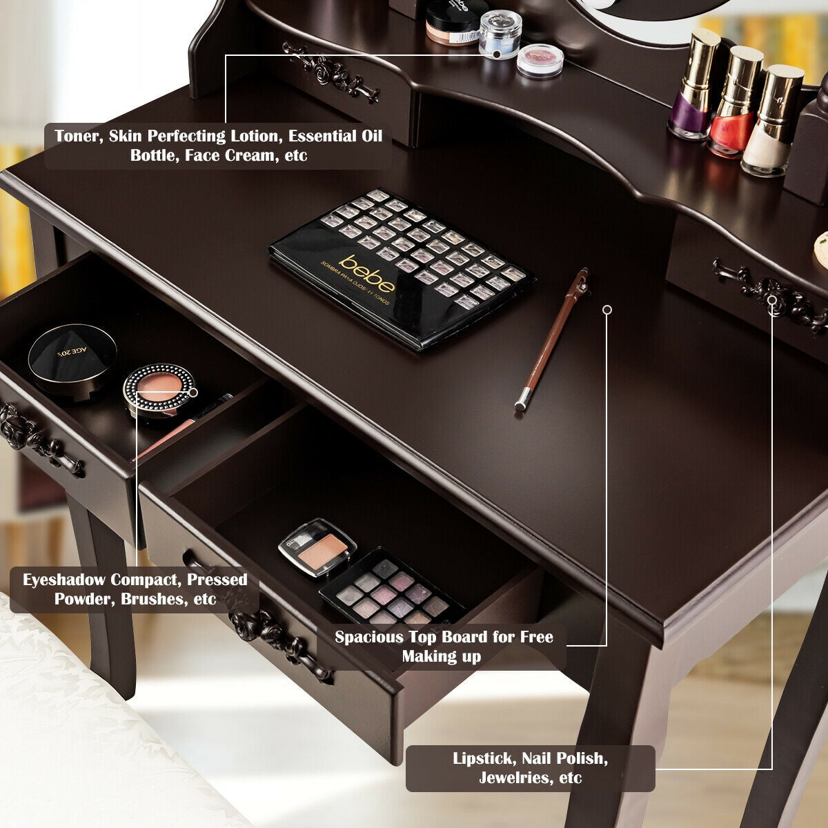 Vanity Set with 360° Rotating Mirror, LED Lights, Storage Drawers, and Cushioned Stool – Coffee
