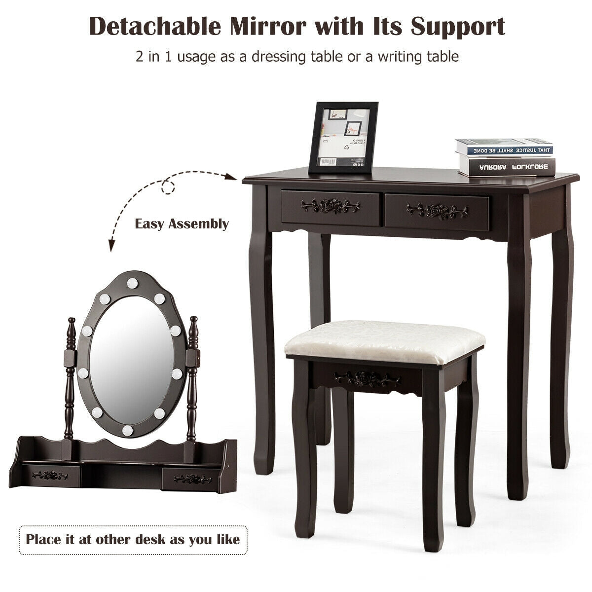 Vanity Set with 360° Rotating Mirror, LED Lights, Storage Drawers, and Cushioned Stool – Coffee
