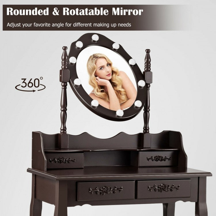 Vanity Set with 360° Rotating Mirror, LED Lights, Storage Drawers, and Cushioned Stool – Coffee