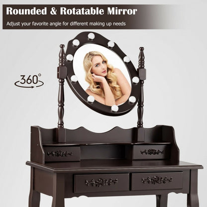 Vanity Set with 360° Rotating Mirror, LED Lights, Storage Drawers, and Cushioned Stool – Coffee