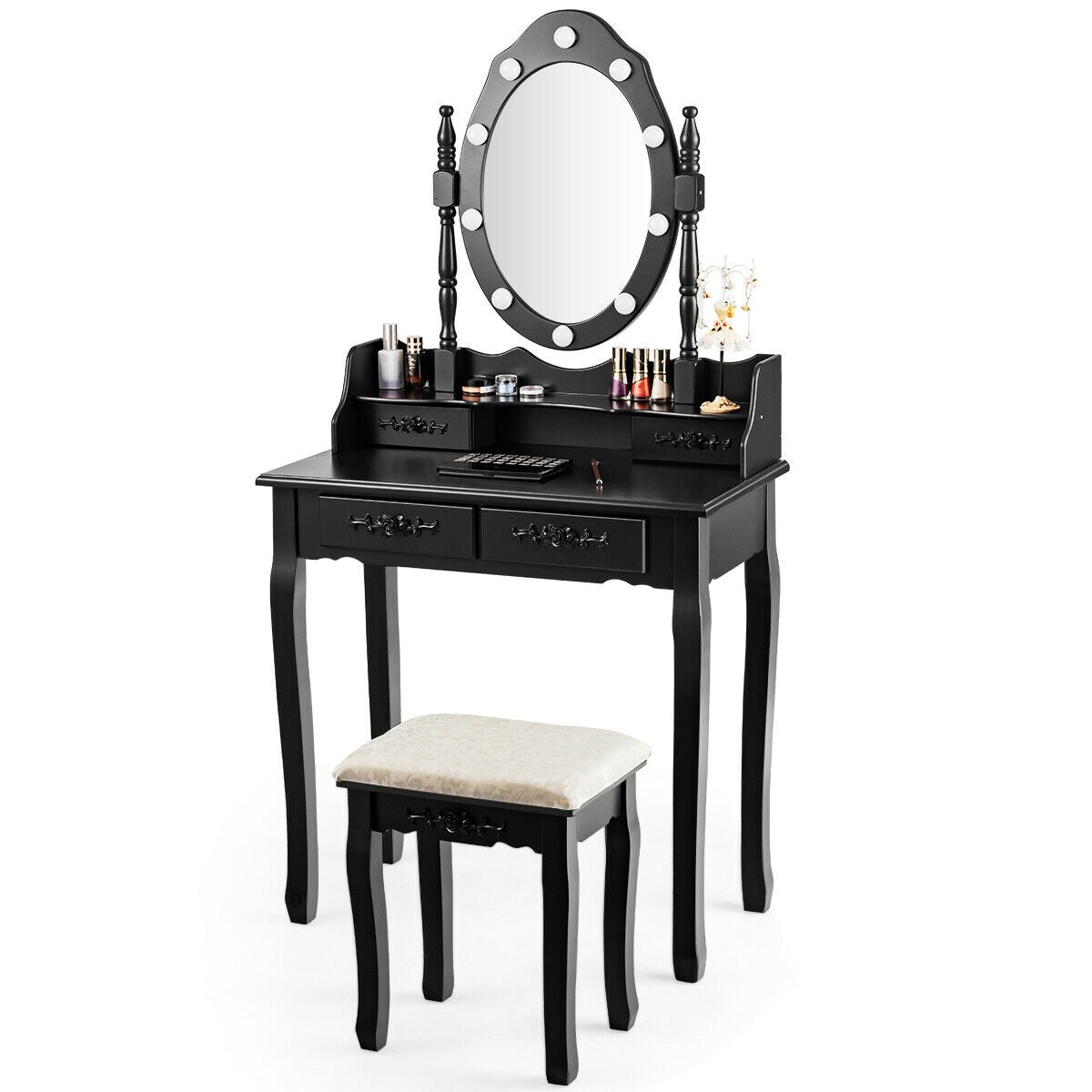 Vanity Set with 360° Rotating Mirror, LED Lights, Storage Drawers, and Cushioned Stool – Black