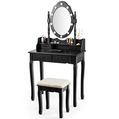 Vanity Set with 360° Rotating Mirror, LED Lights, Storage Drawers, and Cushioned Stool – Black