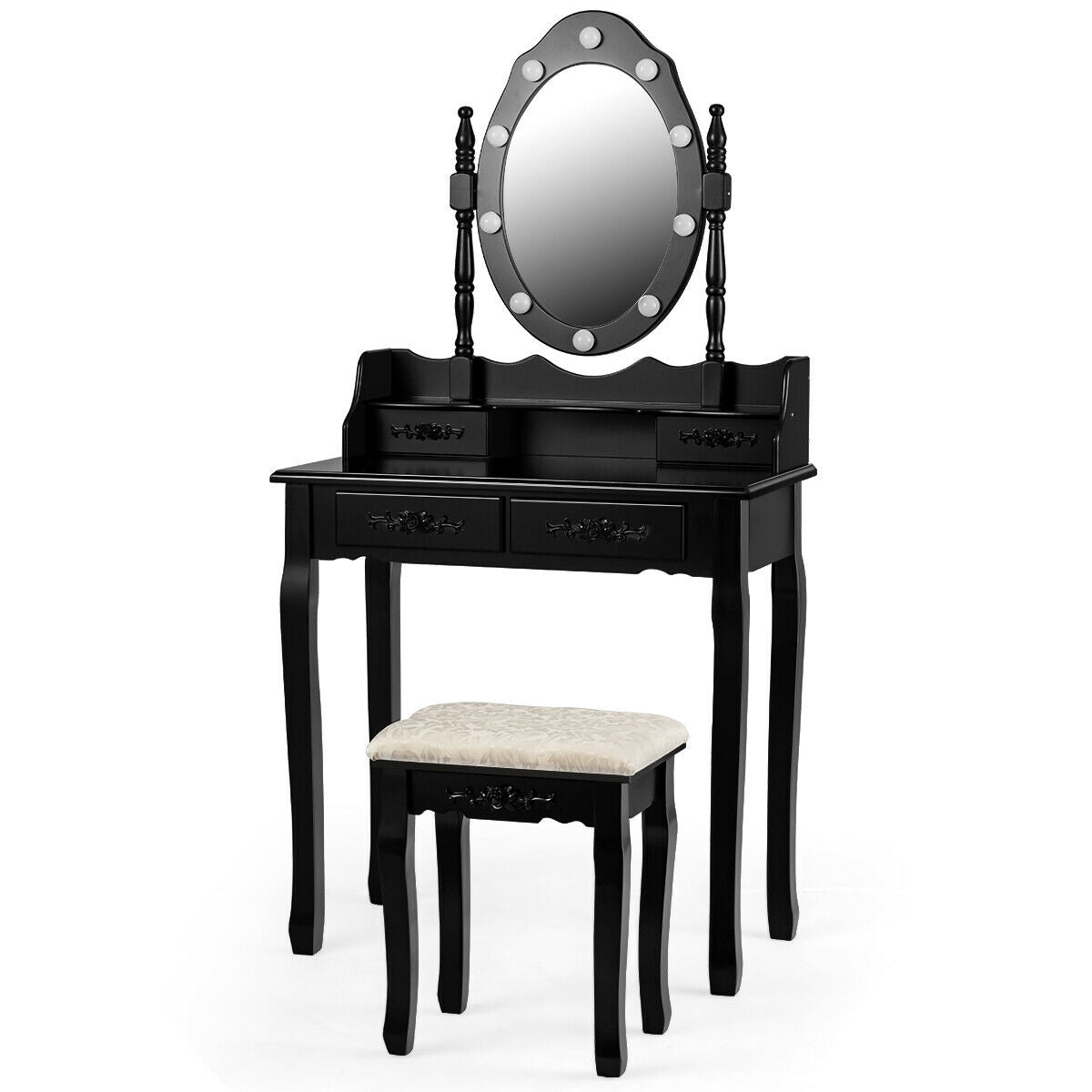 Vanity Set with 360° Rotating Mirror, LED Lights, Storage Drawers, and Cushioned Stool – Black