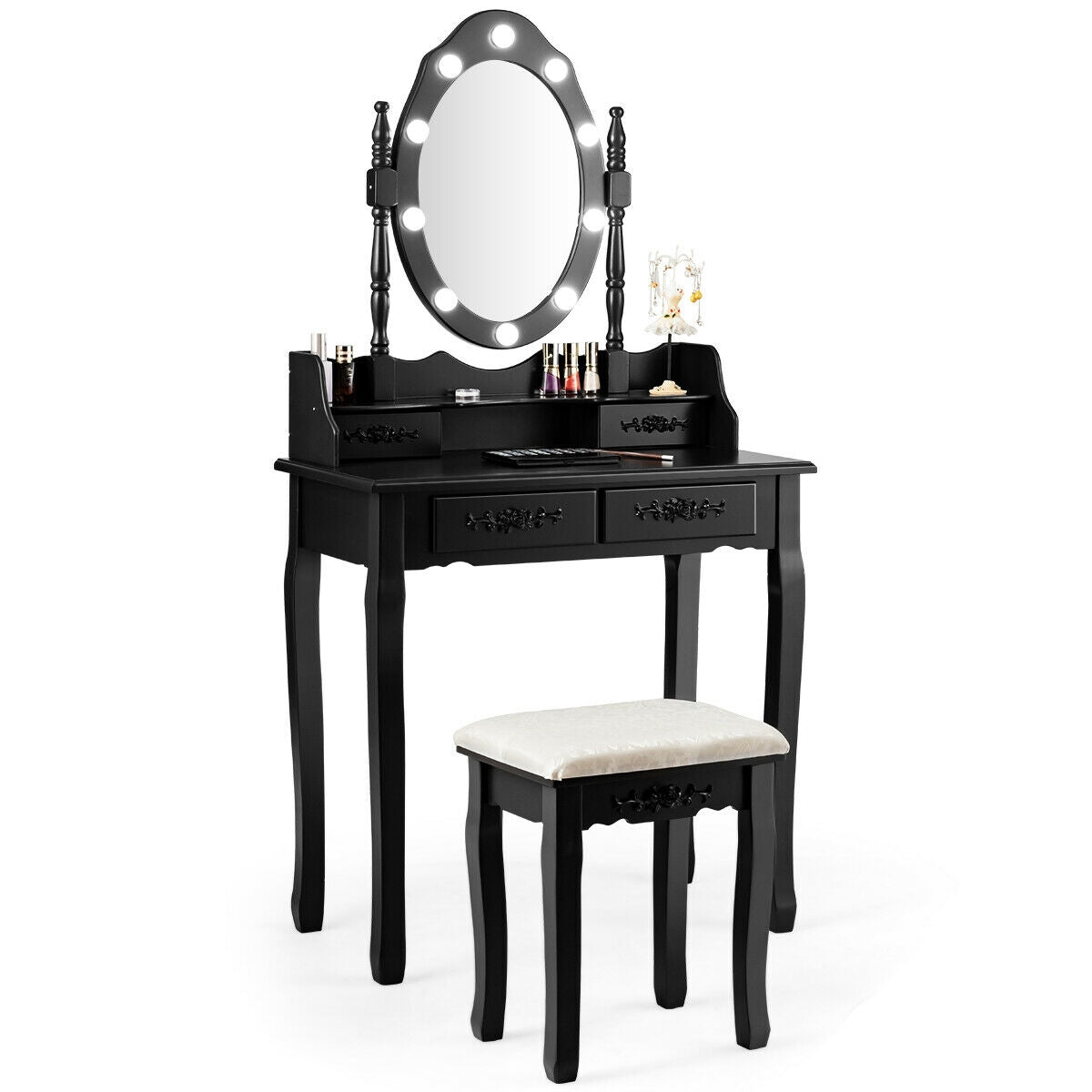 Vanity Set with 360° Rotating Mirror, LED Lights, Storage Drawers, and Cushioned Stool – Black