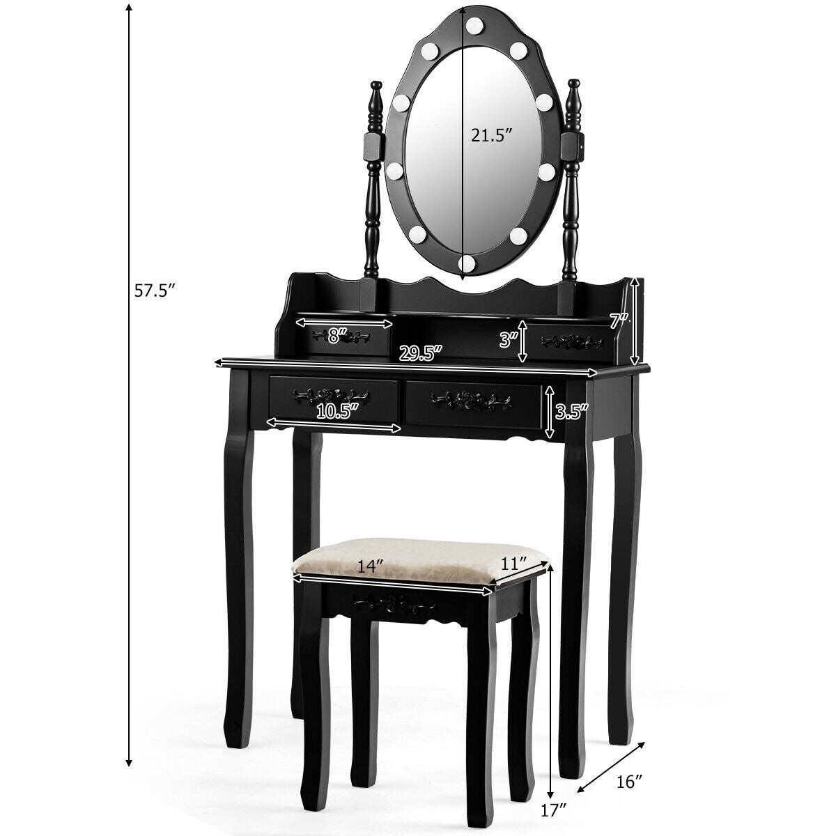 Vanity Set with 360° Rotating Mirror, LED Lights, Storage Drawers, and Cushioned Stool – Black