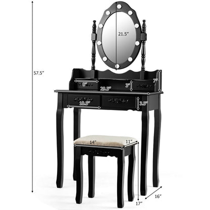 Vanity Set with 360° Rotating Mirror, LED Lights, Storage Drawers, and Cushioned Stool – Black
