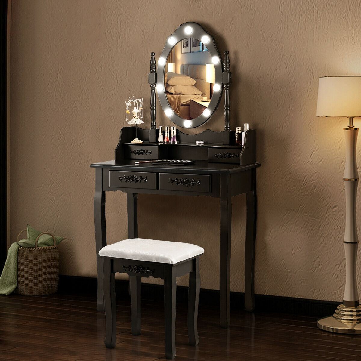 Vanity Set with 360° Rotating Mirror, LED Lights, Storage Drawers, and Cushioned Stool – Black