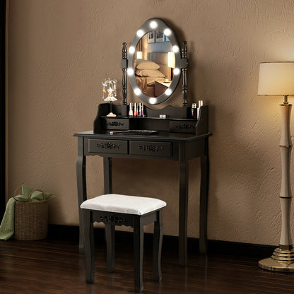 Vanity Set with 360° Rotating Mirror, LED Lights, Storage Drawers, and Cushioned Stool – Black