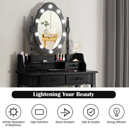Vanity Set with 360° Rotating Mirror, LED Lights, Storage Drawers, and Cushioned Stool – Black