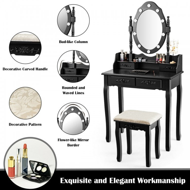 Vanity Set with 360° Rotating Mirror, LED Lights, Storage Drawers, and Cushioned Stool – Black