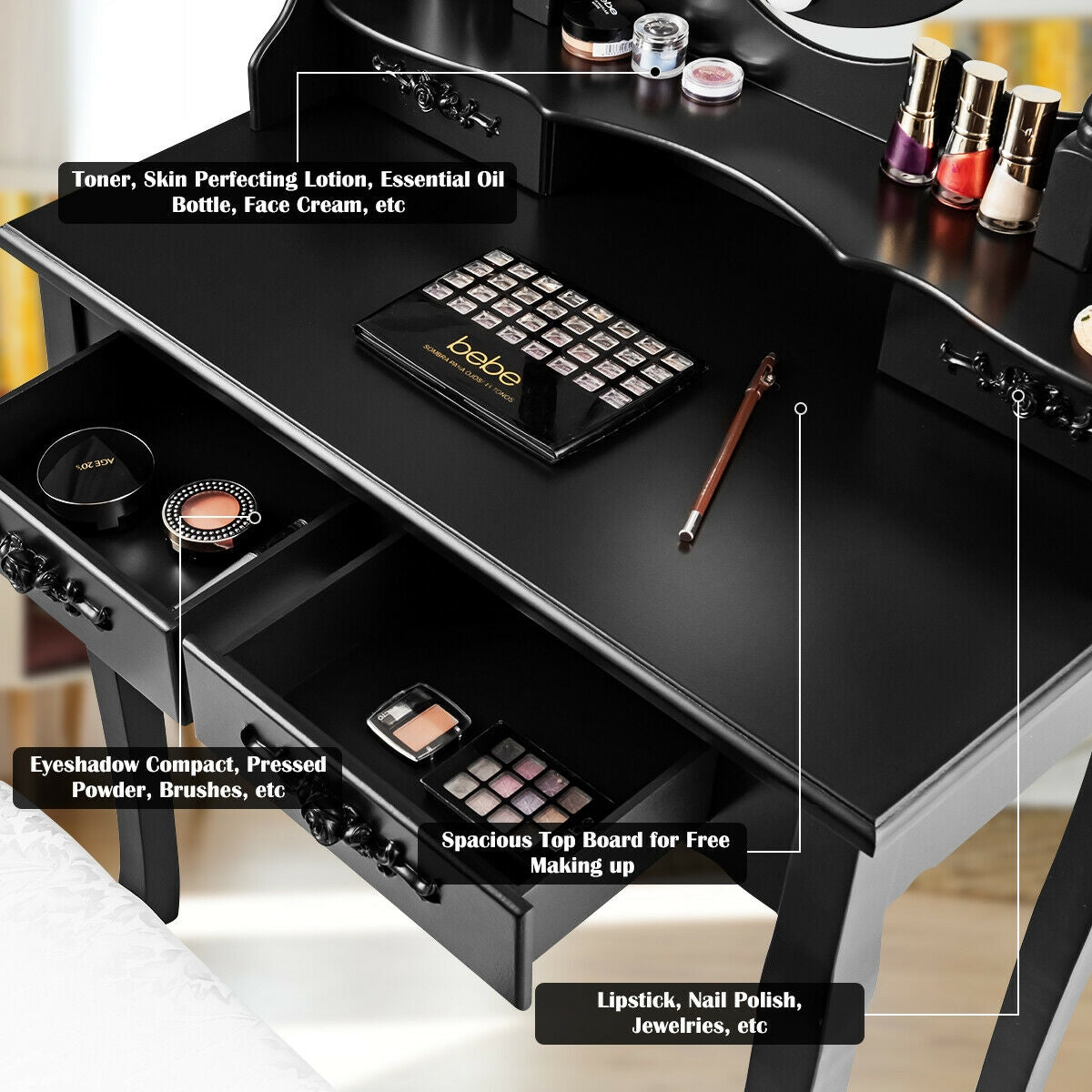 Vanity Set with 360° Rotating Mirror, LED Lights, Storage Drawers, and Cushioned Stool – Black
