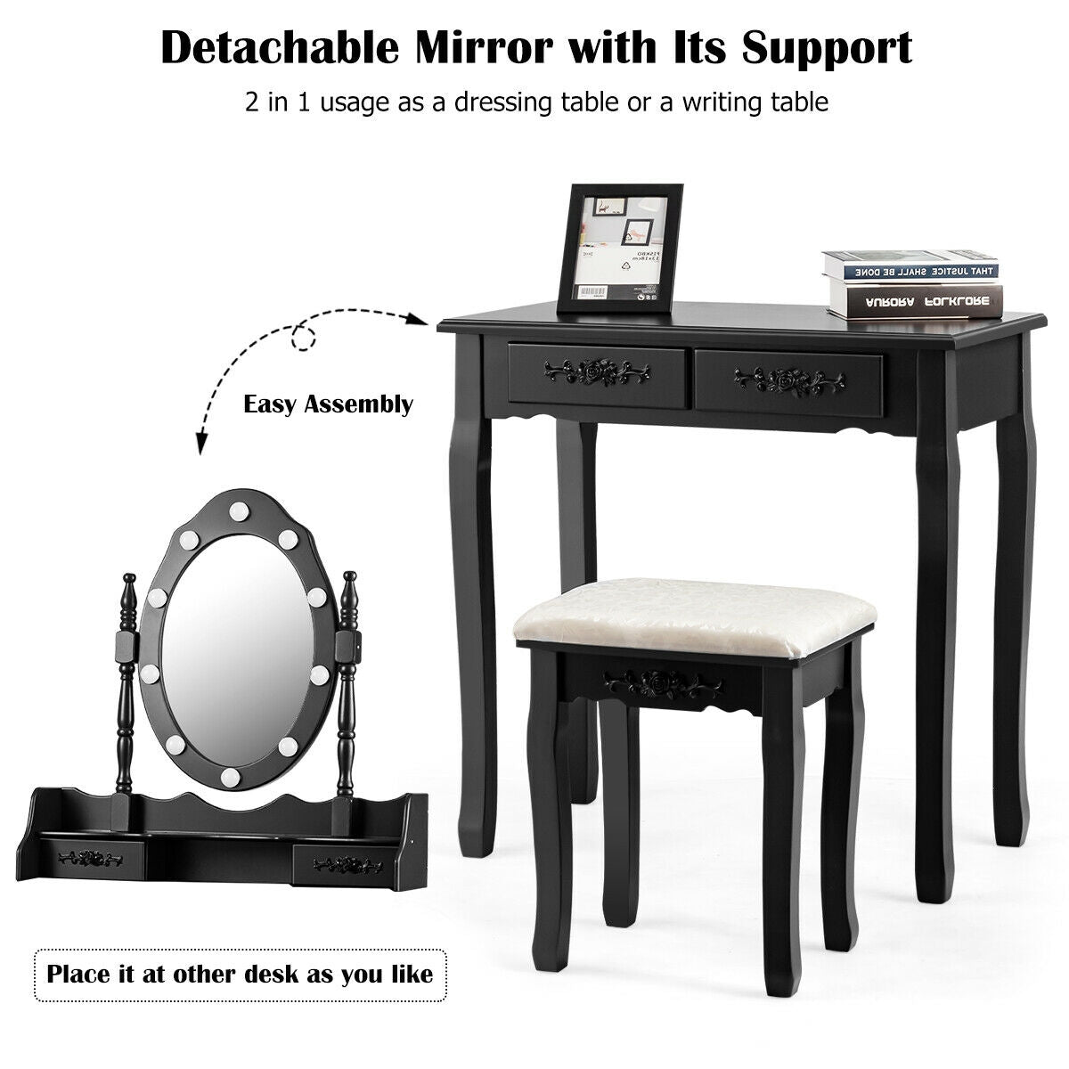 Vanity Set with 360° Rotating Mirror, LED Lights, Storage Drawers, and Cushioned Stool – Black