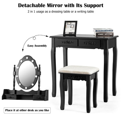 Vanity Set with 360° Rotating Mirror, LED Lights, Storage Drawers, and Cushioned Stool – Black