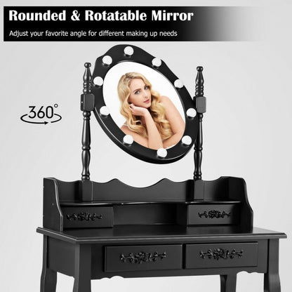 Vanity Set with 360° Rotating Mirror, LED Lights, Storage Drawers, and Cushioned Stool – Black