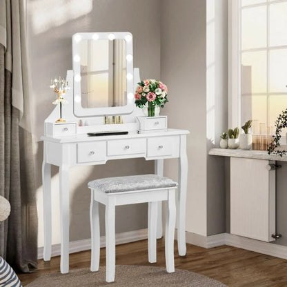 Vanity Set with 10 Dimmable LED Lights, Rotating Mirror, Storage Drawers & Stool – White