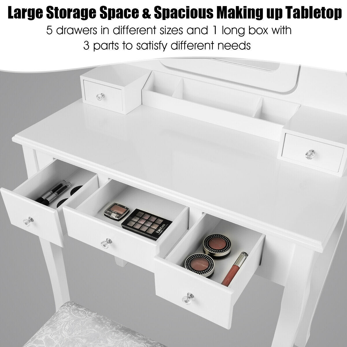 Vanity Set with 10 Dimmable LED Lights, Rotating Mirror, Storage Drawers & Stool – White
