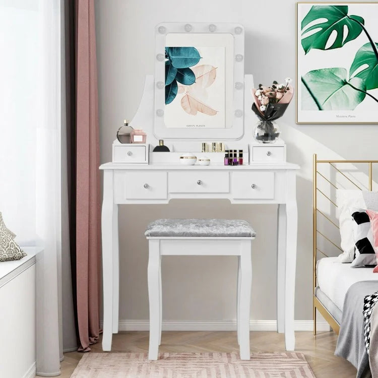 Vanity Set with 10 Dimmable LED Lights, Rotating Mirror, Storage Drawers & Stool – White