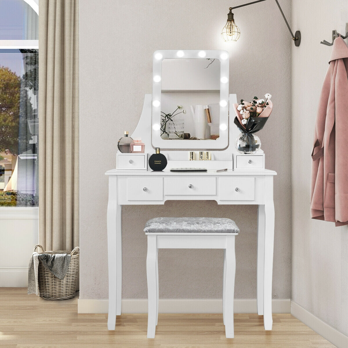 Vanity Set with 10 Dimmable LED Lights, Rotating Mirror, Storage Drawers & Stool – White