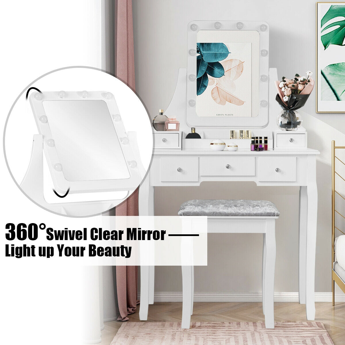 Vanity Set with 10 Dimmable LED Lights, Rotating Mirror, Storage Drawers & Stool – White