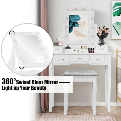 Vanity Set with 10 Dimmable LED Lights, Rotating Mirror, Storage Drawers & Stool – White
